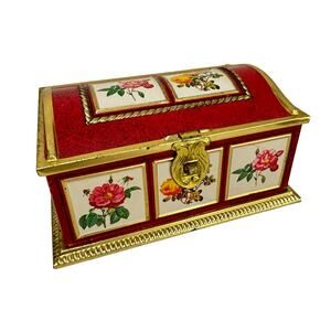Linette candy cookie tin box hinged lid camel back floral mini chest multicolor